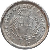Перу 1/2 реала 1858 г. MB, PCGS MS62, "Республика Перу (1825 - 1862)"