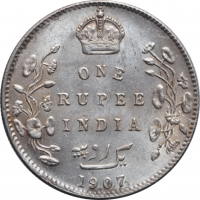 Индия - Британская 1 рупия 1907 г., AU, "Король Эдуард VII (1902 - 1910)"