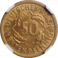 Германия 50 рентенпфеннигов 1924 г. A, NGC MS64, "Веймарская Республика (Рентенмарка) (1923 - 1929)''