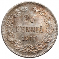 Финляндия 25 пенни 1917 г. S, BU, "Император Николай II (1895 - 1917)" без короны
