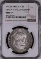 Венгрия 5 крон 1907 г., NGC MS64+, "40 лет со дня коронации Франца Иосифа I"