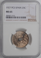 Испания 25 сентимо 1927 г., NGC MS65, "Король Альфонсо XIII (1886 - 1931)"