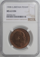 Великобритания 1 пенни 1908 г., NGC MS63 BN, "Король Эдуард VII (1902 - 1910)"