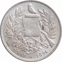 Гватемала 4 реала 1894 г. H, NGC AU58, "Реал (1838 - 1912)"