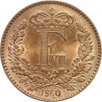 Дания 1 скиллинг 1860 г., UNC, "Король Фредерик VII (1848 - 1863)"