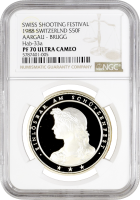 Швейцария 50 франков 1988 г., NGC PF70 UC, "Стрелковый фестиваль в Бругге" Top Pop