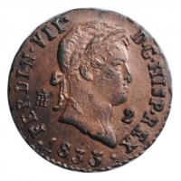 Испания 2 мараведи 1833 г., UNC, "Король Фердинанд VII (1813 - 1833)"