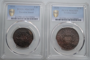 Остров Терсейра 5 и 10 рейсов 1830 г., PCGS MS62-63, "Мария II в изгнании (1828 - 1833)"
