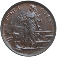 Италия 1 чентезимо 1915 г., UNC, "Король Виктор Эммануил III (1900 - 1946)"