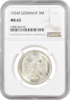 Германия 3 марки 1924 г. F, NGC MS63, "Веймарская Республика (Марка) (1919 - 1925)"