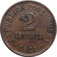 Португалия 2 сентаво 1921 г., XF, "Португальская Республика (1910 - 1969)"