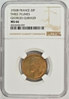 Франция 20 франков 1950 г. B, NGC MS66, "Четвертая Республика (1944 - 1959)" РЕДКАЯ