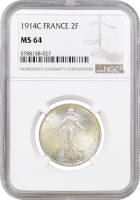 Франция 2 франка 1914 г. C, NGC MS64, "Третья Республика (1870 - 1941)"