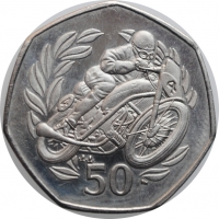 Остров Мэн 50 пенсов 1999 г., AU, "Мотогонки "Tourist Trophy" /один мотоциклист/"