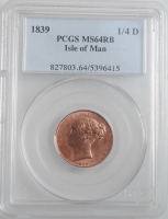 Остров Мэн 1 фартинг 1839 г., PCGS MS64 RB, "Королева Виктория (1838 - 1901)"