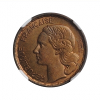 Франция 20 франков 1950 г. B, NGC MS66, "Четвертая Республика (1944 - 1959)" РЕДКАЯ