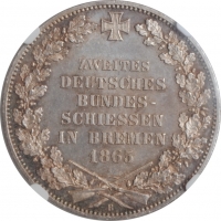 Бремен 1 талер 1865 г., NGC MS64, "Второй немецкий фестиваль стрельбы"