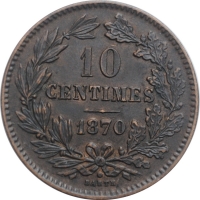 Люксембург 10 сантимов 1870 г. AU, "Великий герцог Виллем III (1849 - 1890)"