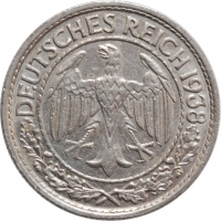 Германия 50 рейхспфеннигов 1938 г. E, AU, "Веймарская Республика (Рейхсмарка) (1924 - 1938)"