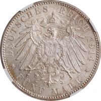 Бавария 5 марок 1914 г., NGC MS64+, "Король Людвиг III (1913 - 1918)"