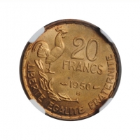Франция 20 франков 1950 г. B, NGC MS66, "Четвертая Республика (1944 - 1959)" РЕДКАЯ