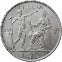 Италия 20 лир 1928, UNC, "Король Виктор Эммануил III (1900 - 1946)"