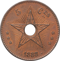 Свободное Государство Конго 5 сантимов 1888/7 г., UNC, "Король Леопольд II (1865 - 1908)"