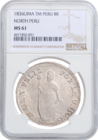 Перу 8 реалов 1836 г. TM, NGC MS61, "Республика Перу (1825 - 1862)"