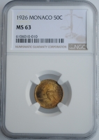 Монако 50 сантимов 1926 г., NGC MS63, "Принц Луи II (1922 - 1949)"