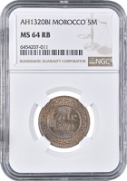 Марокко 5 мазун AH 1320 (1902 г.) BI, NGC MS64 RB, "Султан Абд аль-Азиз (1894 - 1908)" Top Pop
