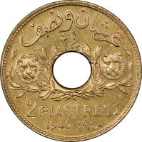 Сирия 2 1/2 пиастра 1940 г., PCGS MS65, "Французский протекторат (1921 - 1945)''