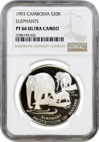 Камбоджа 20 риелей 1993 г., NGC PF66 UC, "Защита природы - Слон"