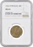 Португалия 50 сентаво 1926 г., NGC MS64, "Португальская Республика (1911 - 1969)"