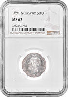 Норвегия 50 эре 1891 г., NGC MS62, "Король Оскар II (1874 - 1906)"