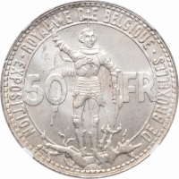 Бельгия 50 франков 1935 г. French - Pos. A, NGC MS64, "Брюссель Экспо и 100 лет железным дорогам"