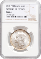 Португалия 500 рейсов 1910 г., NGC MS64, "Маркиз ди Помбал"