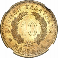 Финляндия 10 марок 1929 г. S, NGC MS62, "Финляндская Республика (Suomi) (1918 - 1962)"