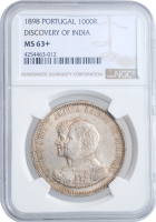 Португалия 1000 рейсов 1898 г., NGC MS63+, "400 лет Открытию Индии"