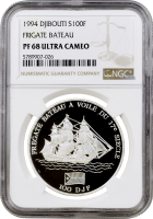 Джибути 100 франков 1994 г., NGC PF68 UC, "Фрегат Bateau"