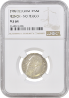 Бельгия 1 франк 1909 г. DES, NGC MS64, "Король Леопольд II (1865 - 1909)"