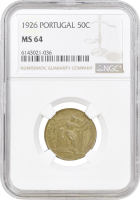 Португалия 50 сентаво 1926 г., NGC MS64, "Португальская Республика (1911 - 1969)"