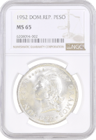 Доминикана 1 песо 1952 г., NGC MS65, "Доминиканская Республика (1937 - 2020)"