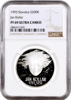 Словакия 200 крон 1993 г., NGC PF69 UC, "200 лет со дня рождения Яна Коллара" Top Pop