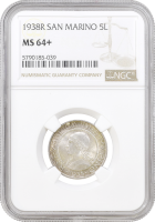 Сан-Марино 5 лир 1938 г. R, NGC MS64+, "Республика Сан-Марино (1864 - 1938)"