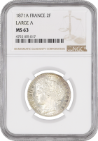 Франция 2 франка 1871 г. A, NGC MS63, "Третья Республика (1870 - 1941)"