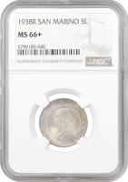 Сан-Марино 5 лир 1938 г. R, NGC MS66+, "Республика Сан-Марино (1864 - 1938)" Top Pop