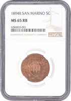 Сан-Марино 5 чентезимо 1894 г., NGC MS65 RB, "Республика Сан-Марино (1864 - 1938)"