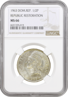 Доминикана 1/2 песо 1963 г., NGC MS66, "100 лет восстановлению Республики"