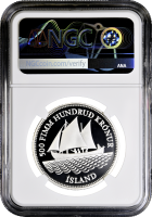 Исландия 500 крон 1986 г., NGC PF69 UC, "100 лет банкнотам Исландии"