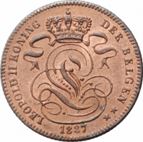 Бельгия 1 сантим 1887 г. DER, NGC MS64 RB, "Король Леопольд II (1865 - 1909)" KM# 32.2 ТОНКАЯ